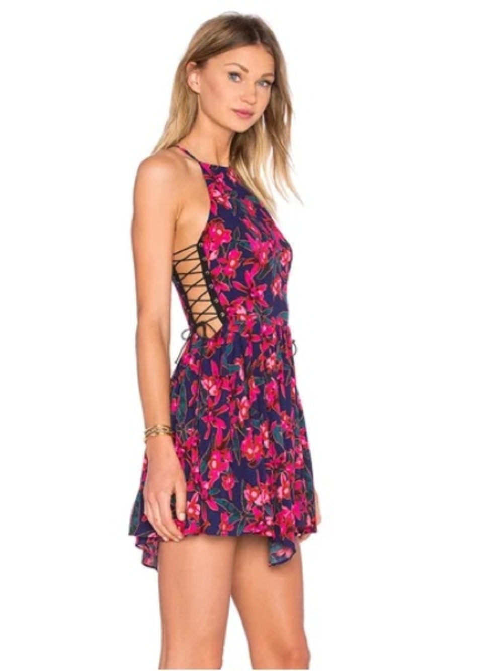 NBD Navy Floral Halter Mini Dress with Pink Flowers Print Sz S